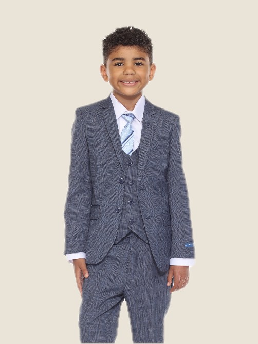 Boy's Glen Plaid 5PC Suit Set w/ Notch Lapel 01-Blue Jacket:
