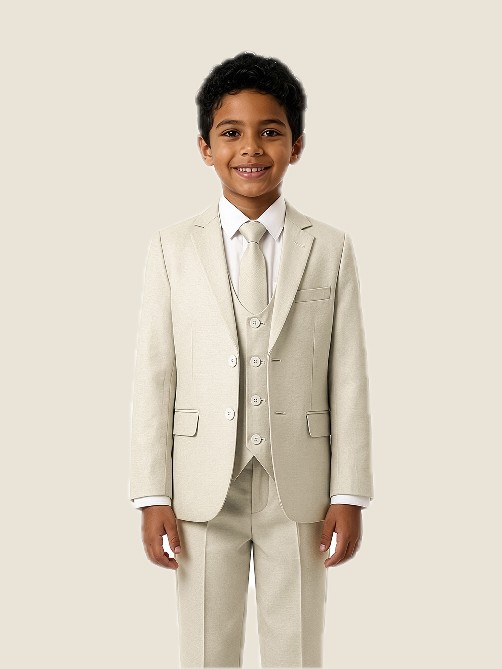 Boy's Linen 5PC Suit Set w/ Notch Lapel 03- Ivory Jacket: