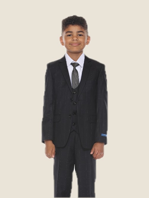 Boy's Windowpane 5PC Suit Set w/ Notch Lapel 01- Black Jacket: