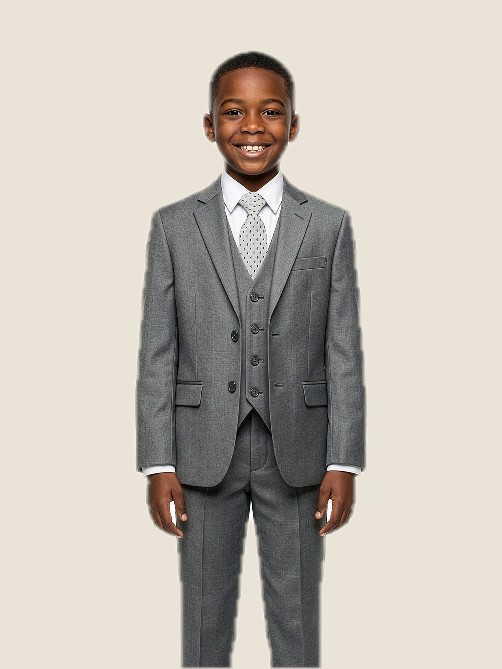 Boy Sharkskin 5PC Suit Set w/ Notch Lapel 01 - Grey Jacket: