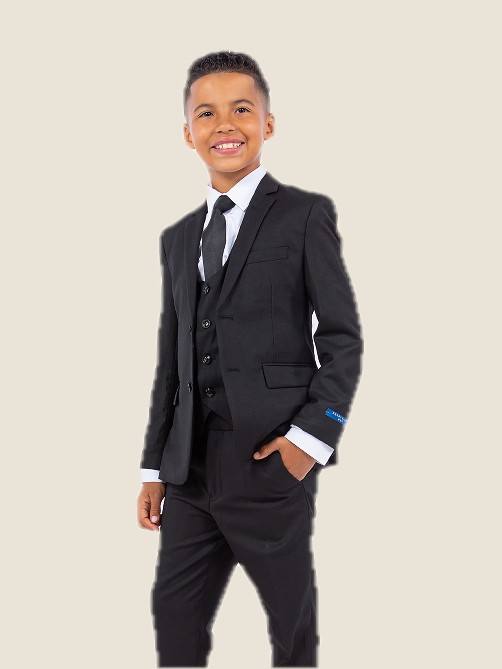 Boy Solid 5PC Suit Set w/ Notch Lapel 01- Black Jacket: