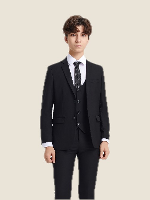 Boy Solid 5PC Suit Set w/ Notch Lapel 01- Black Jacket: