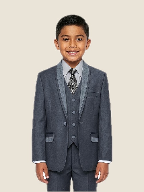 Boy Solid 5PC Suit Set w/ Satin Shawl Collar 01-Grey Jacket: