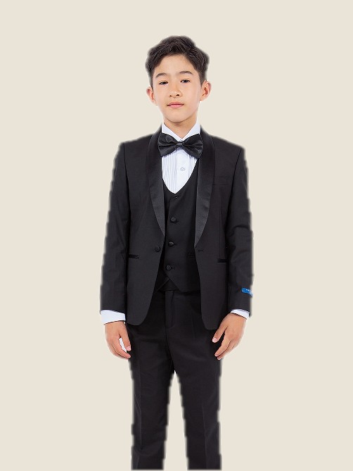 Boy Solid 5PC Tuxedo Set w/ Black Satin Shawl Collar 01- Black/Black Satin Jacket: