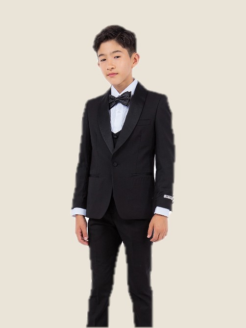 Boy Solid 5PC Tuxedo Set w/ Black Satin Shawl Collar 01- Black/ Black Satin