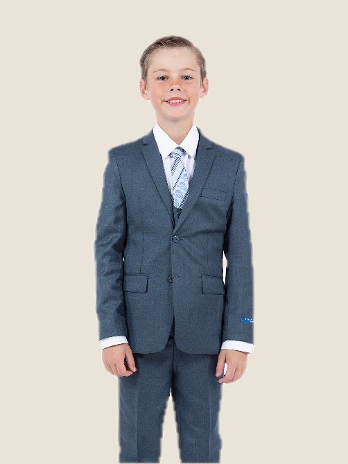 Boy Solid Sharkskin 5PC Suit Set w/ Notch Lapel 01 - M. Navy