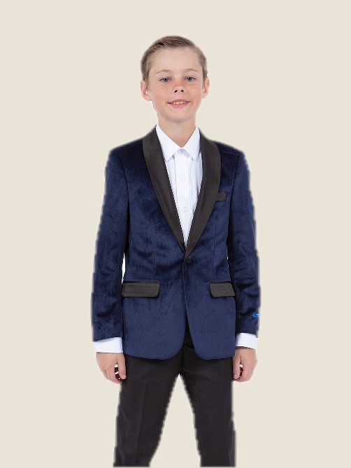 Boy Solid Velvet Blazer w/ Black Satin Shawl Collar 02- Navy/Black Satin